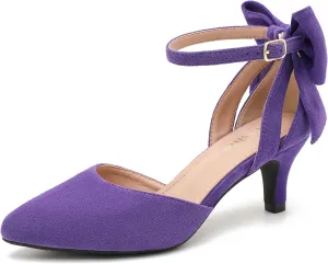 fereshte Women's Wedding Evening Party Bow Kitten Heels Pumps Ankle Strap Buckle Dress Shoes
