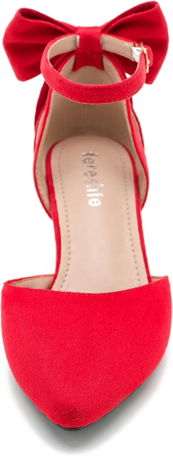fereshte Women's Wedding Evening Party Bow Kitten Heels Pumps Ankle Strap Buckle Dress Shoes