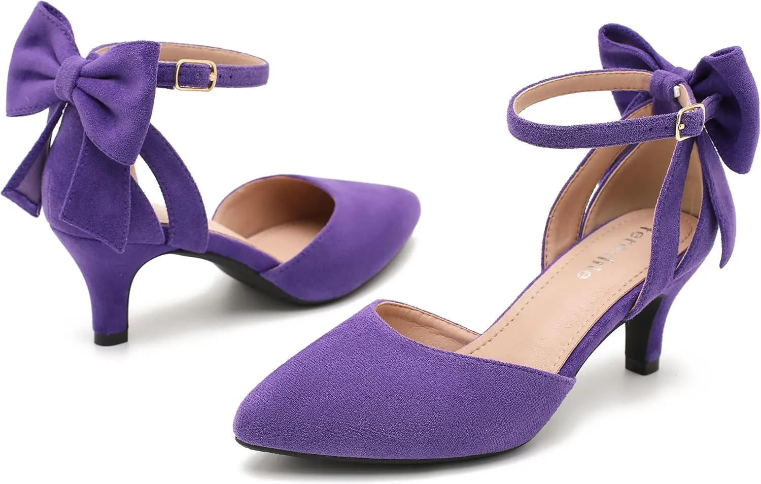 fereshte Women's Wedding Evening Party Bow Kitten Heels Pumps Ankle Strap Buckle Dress Shoes