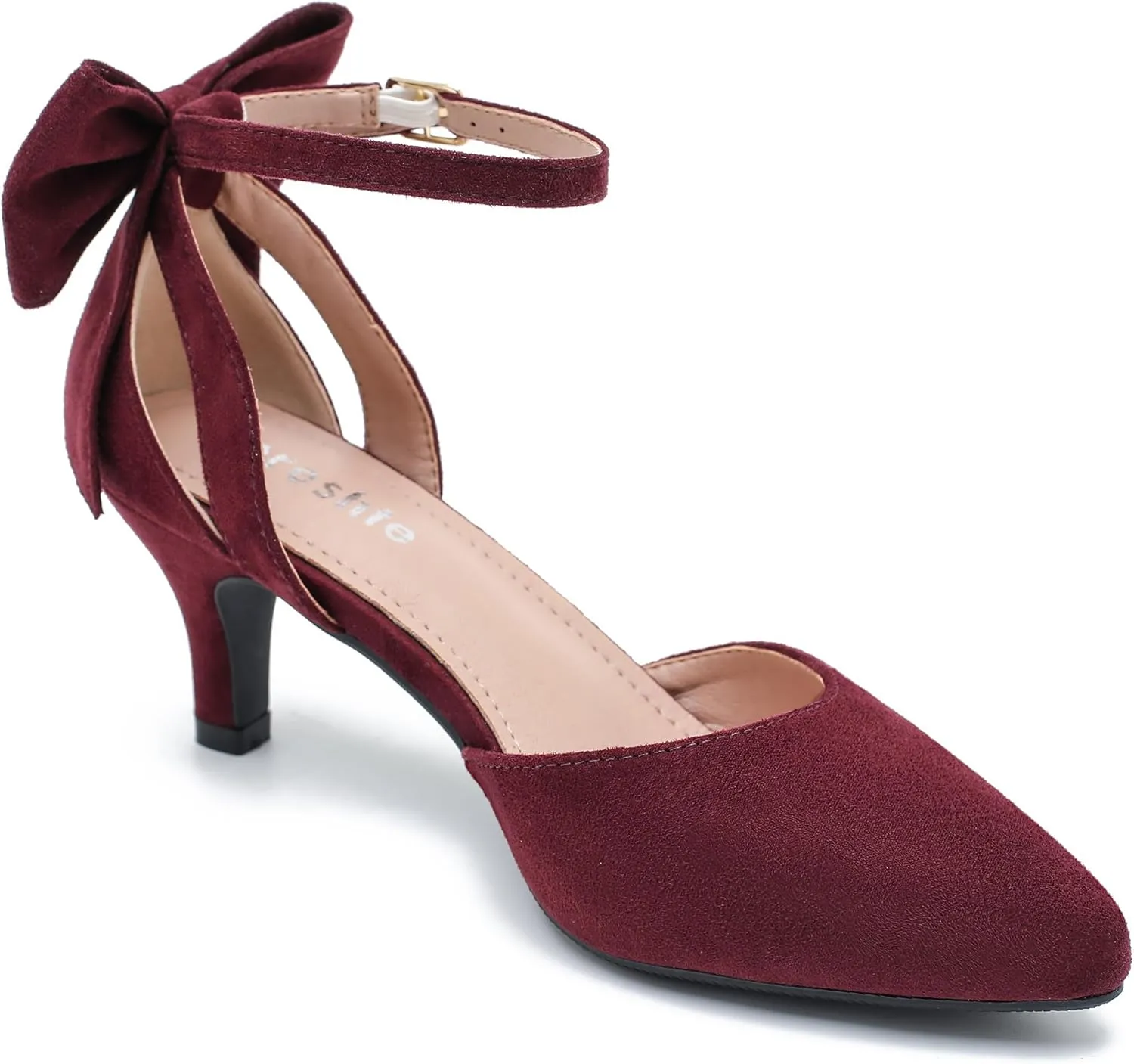 fereshte Women's Wedding Evening Party Bow Kitten Heels Pumps Ankle Strap Buckle Dress Shoes