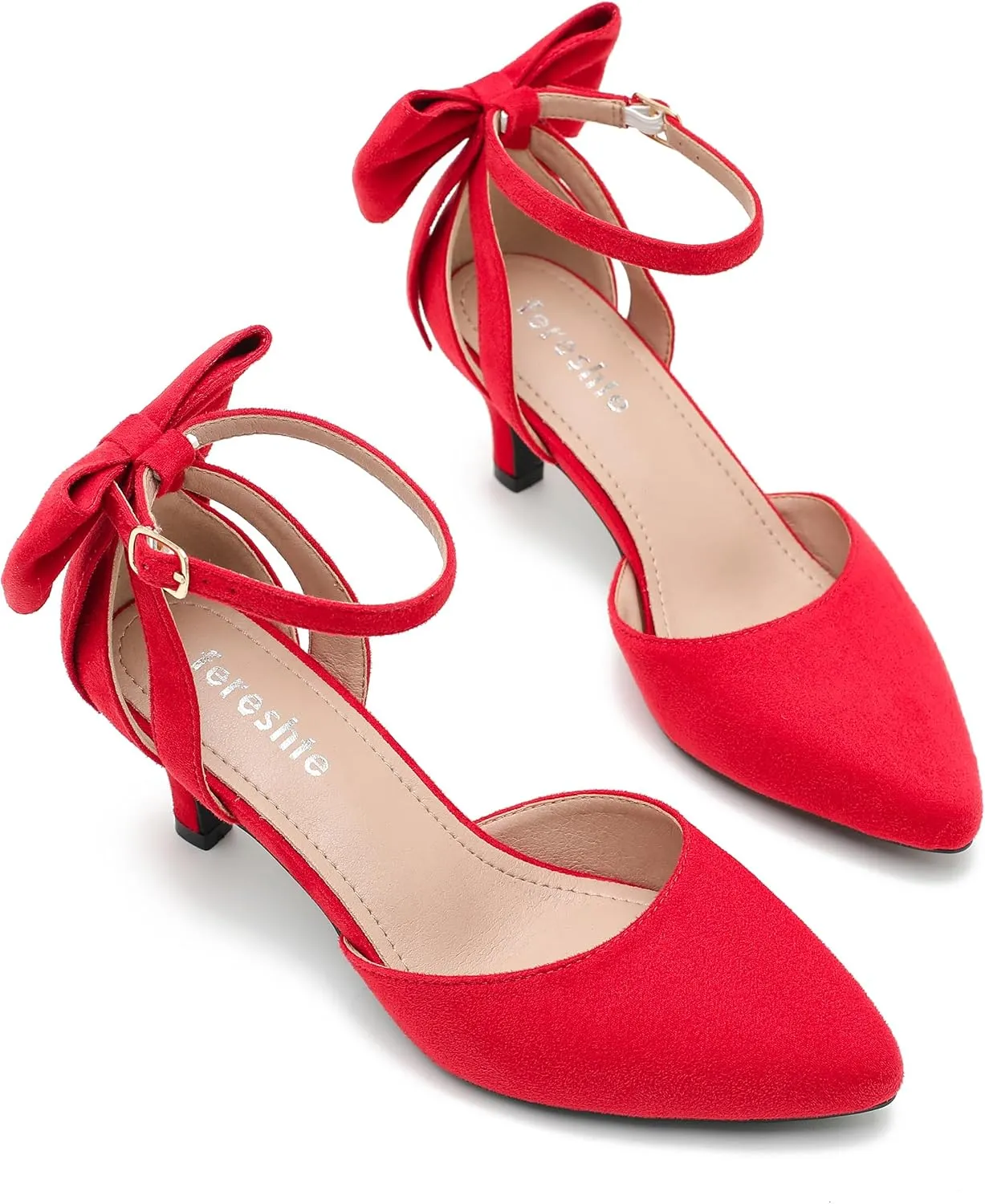 fereshte Women's Wedding Evening Party Bow Kitten Heels Pumps Ankle Strap Buckle Dress Shoes