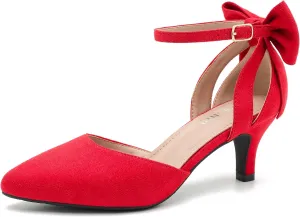 fereshte Women's Wedding Evening Party Bow Kitten Heels Pumps Ankle Strap Buckle Dress Shoes