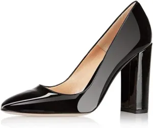 Fericzot Pumps Women Sexy Patent Leather Pointed Toe Block Heels Pumps Gorgeous Evening Party Wedding Stiletto Shoes Plus Size