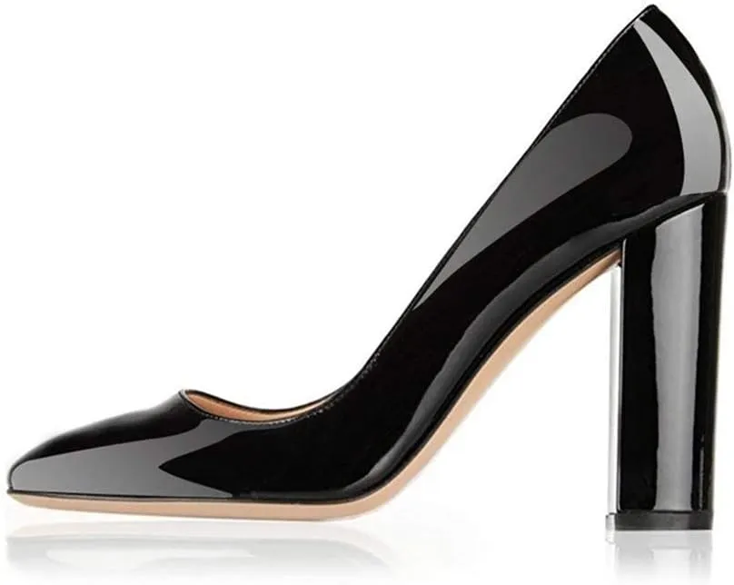 Fericzot Pumps Women Sexy Patent Leather Pointed Toe Block Heels Pumps Gorgeous Evening Party Wedding Stiletto Shoes Plus Size