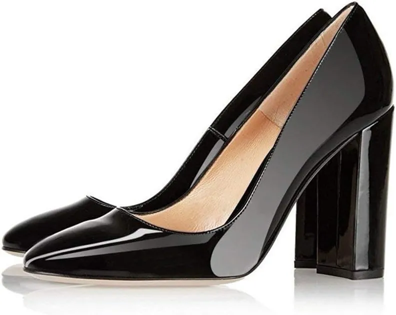 Fericzot Pumps Women Sexy Patent Leather Pointed Toe Block Heels Pumps Gorgeous Evening Party Wedding Stiletto Shoes Plus Size