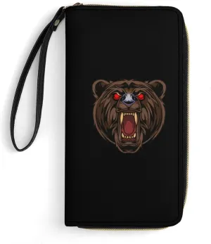 Fiercely Bear Head Leather Wallet Card Holder Purse Clutch Phone Pocket Credit Card Holder with Wristlet Strap