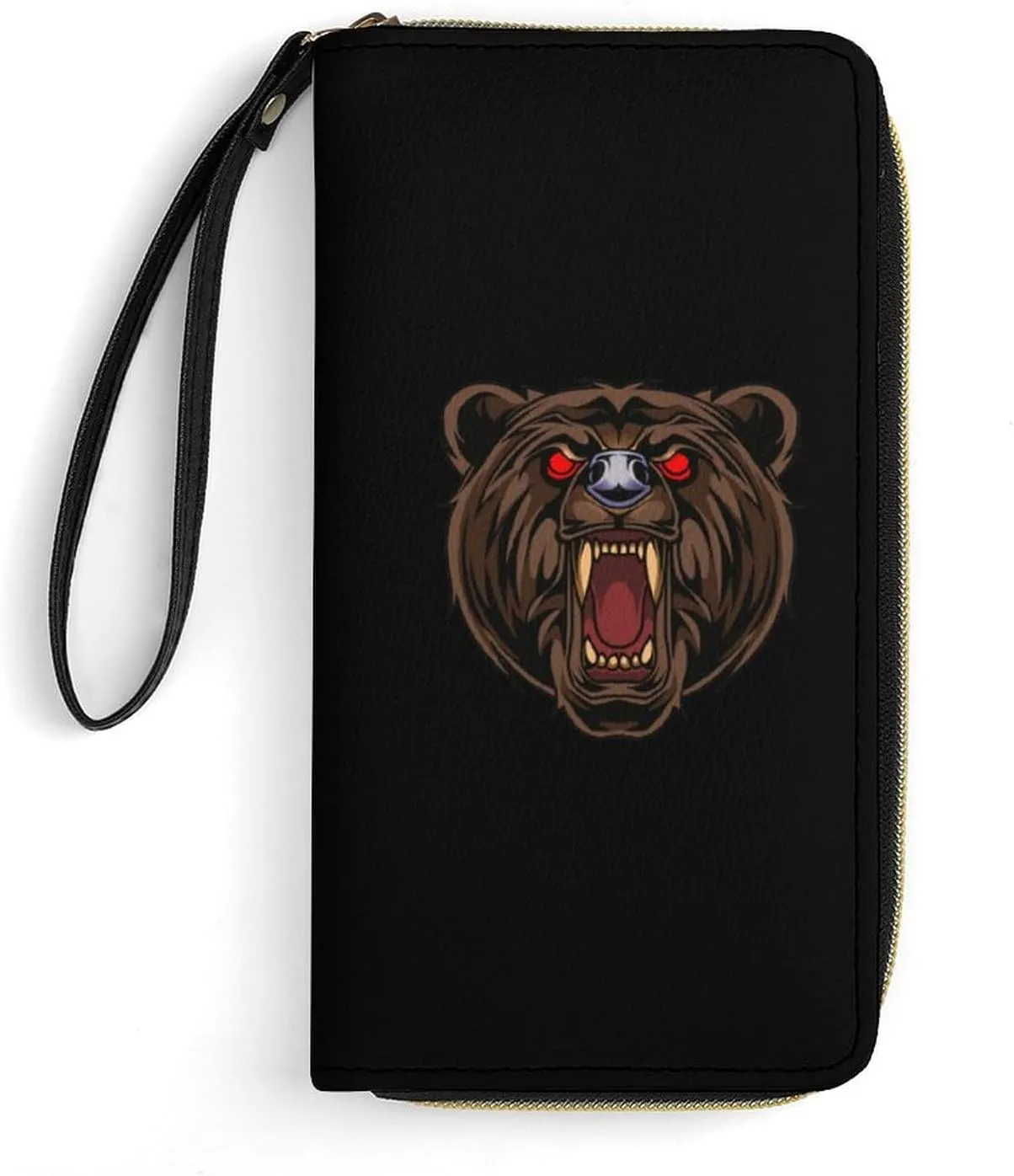 Fiercely Bear Head Leather Wallet Card Holder Purse Clutch Phone Pocket Credit Card Holder with Wristlet Strap