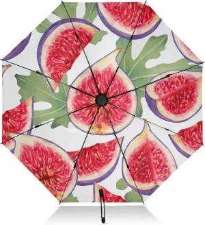 Fig Slices with Red Flesh and Leaves Folding Umbrella Compact Travel Automatic Open Close Sun UV Protection Reverse Inverted Umbrella for Rain Women Men Outsid