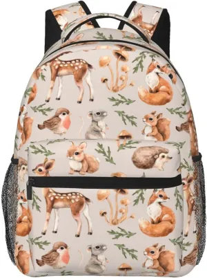 Fiokroo Forest Little Animals Deers Backpack School Bag For Students Teens Men Women Deer Squirrel Fox Hedgehog Bird Laptop Backpacks Travel Daypack Bag With Multiple Pockets
