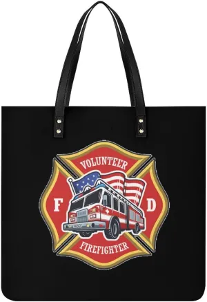 Firefighting Truck Tote Bag Leather Handbags Large Shoulder Bag for College Work Travel Shopping