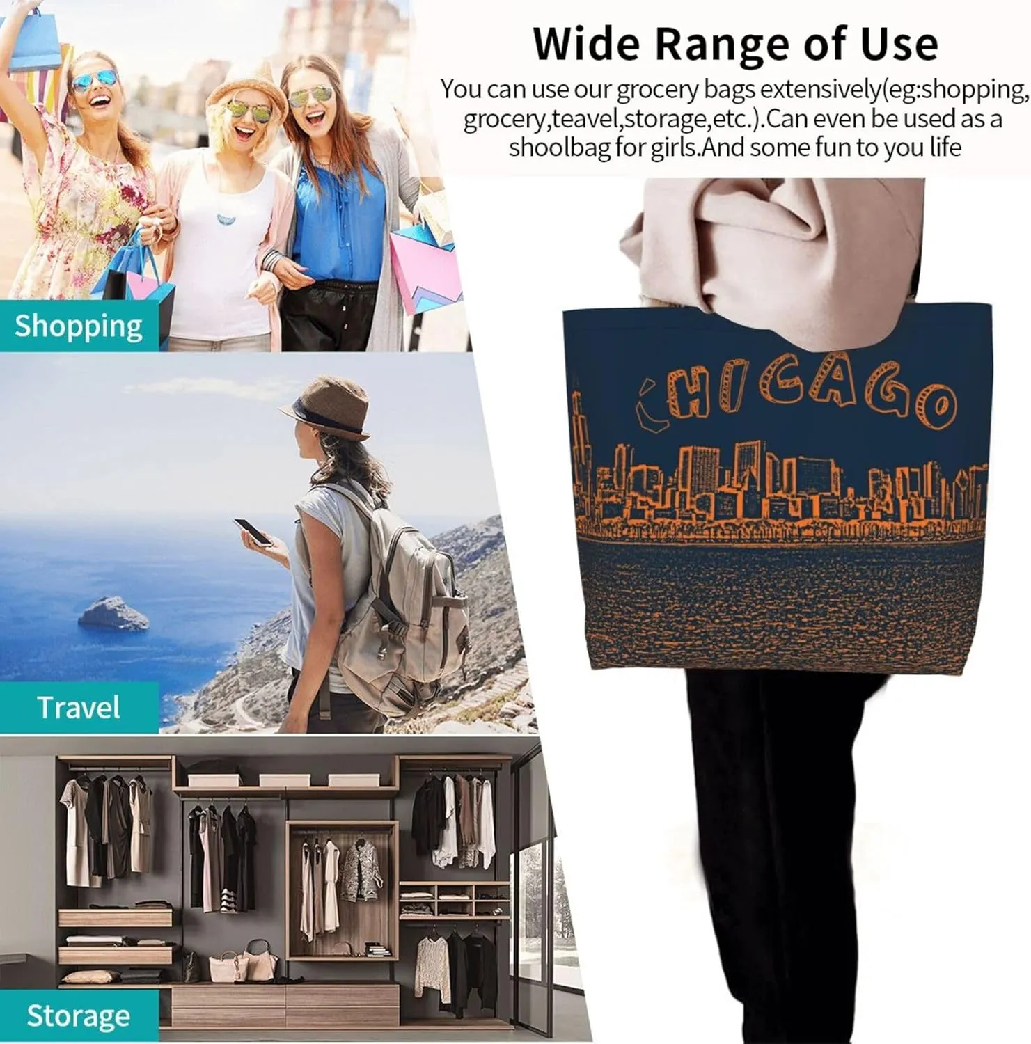 Flag Grocery Bag Chicago Shoulder Bag Handbag Shopping Grocery Bags Chicago Flag Bag Canvas Bag
