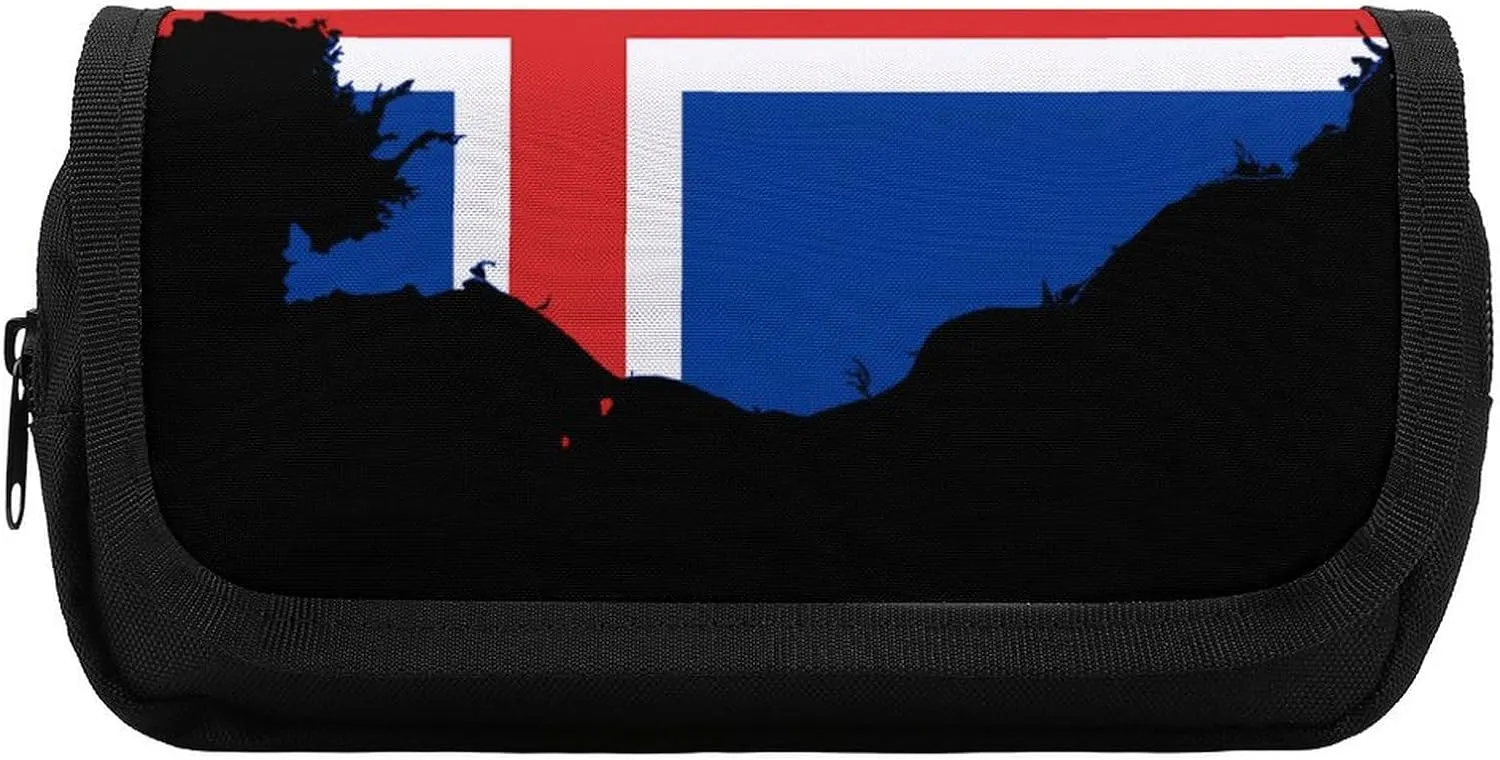 Flag Map of Iceland Funny Double Pencil Cases Large Capacity Pencil Pouch Stationery Organizer for Office Travel