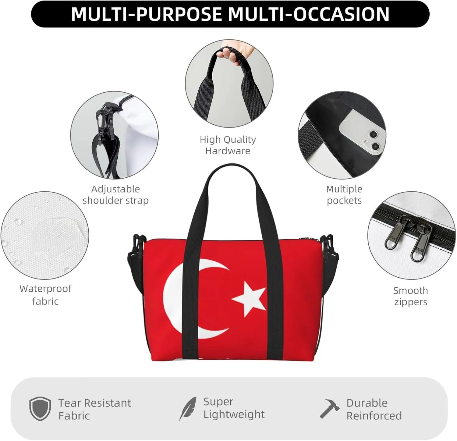 Flag Of Turkey Small Duffel Bag Foldable Travel Bag Weekender Bag Overnight Gym Hospital Bags For Women&Men
