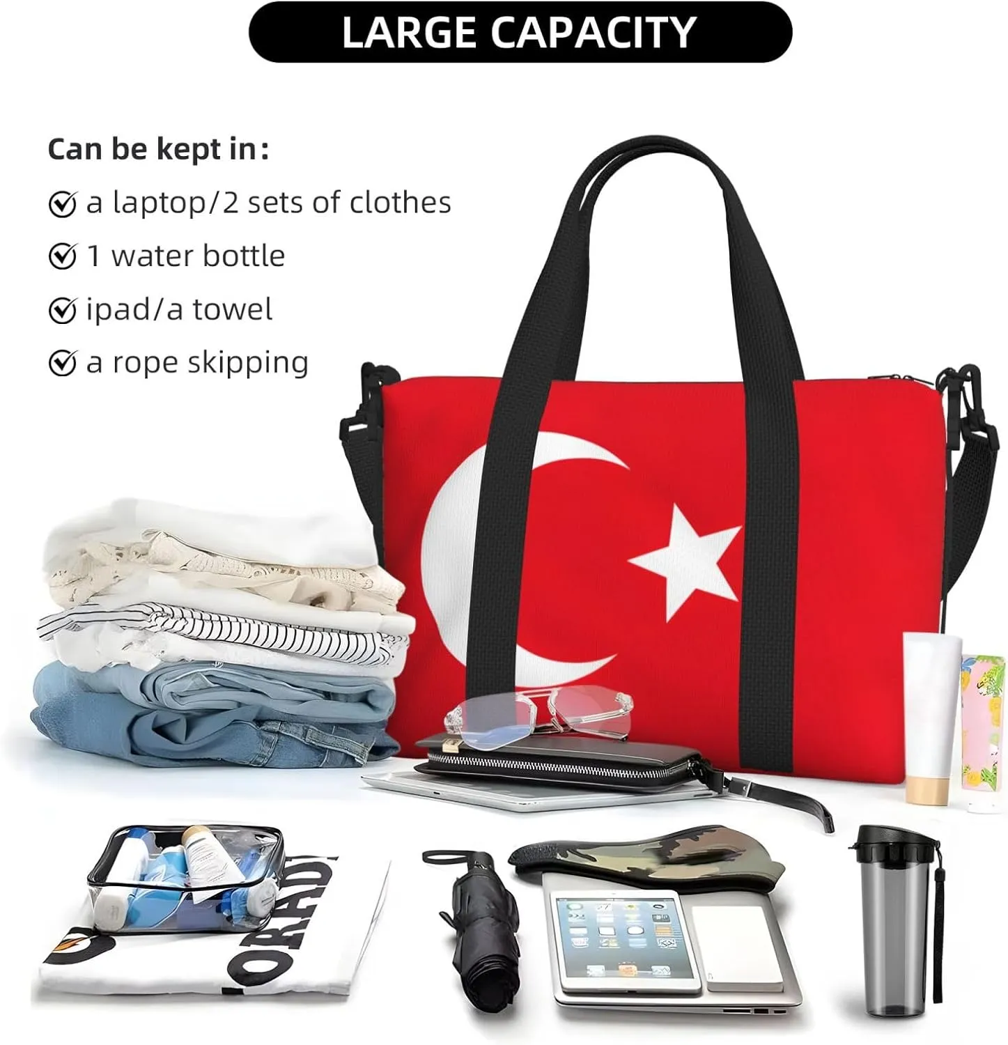 Flag Of Turkey Small Duffel Bag Foldable Travel Bag Weekender Bag Overnight Gym Hospital Bags For Women&Men