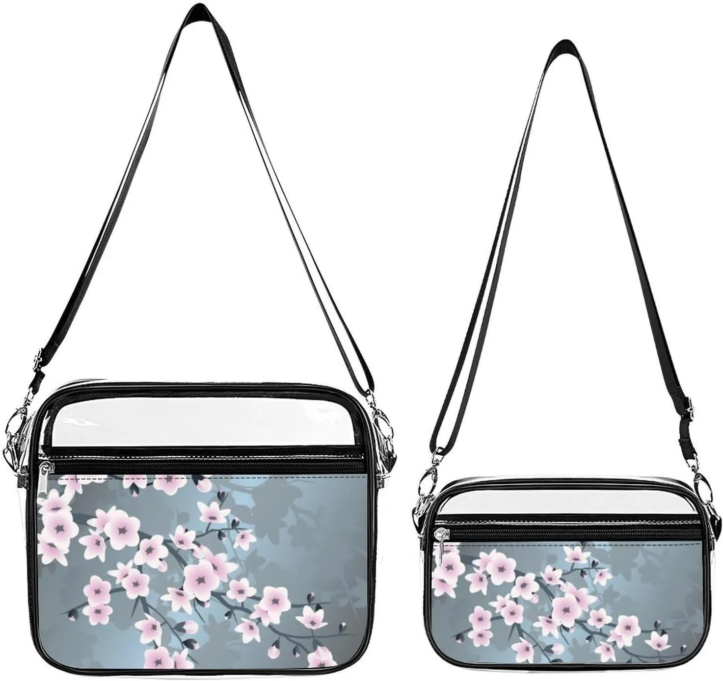 Floral Cherry Blossom Dusty Pink Blue Transparent Cross Bag Two-piece Set, Fashionable Transparent Bag