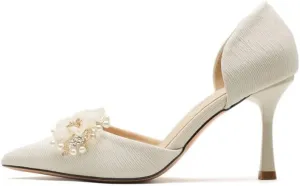 Floral Pearl Heels with Pointed-Toe Design - Soft Fabric & Velvet/Silk for Formal Events
