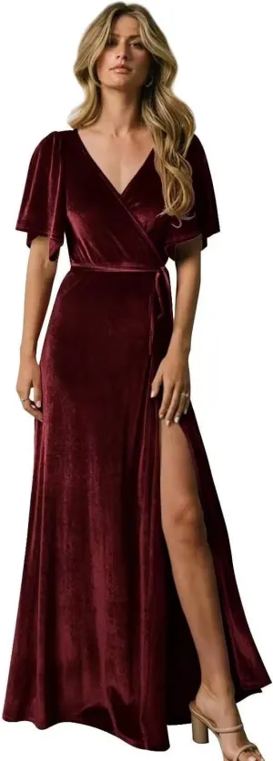 Fluter Sleeve Bridesmaid Dress with Split Velvet Prom Dress Long Pleated A-ine Fommal Pany Gowns with Belt KTY019