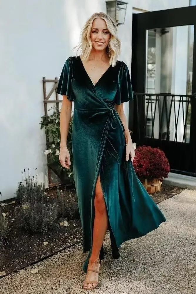 Fluter Sleeve Bridesmaid Dress with Split Velvet Prom Dress Long Pleated A-ine Fommal Pany Gowns with Belt KTY019