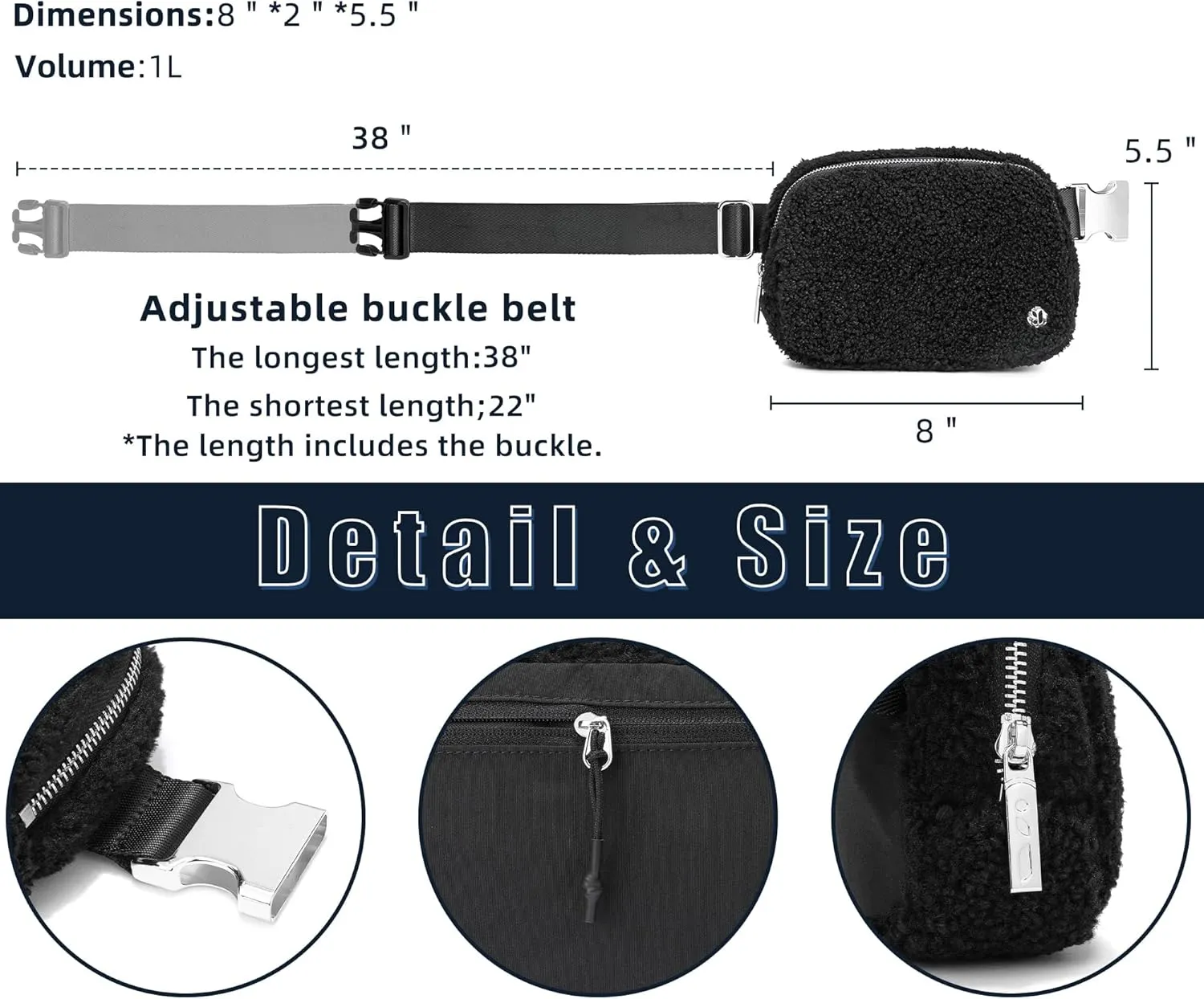 FODOKO Sherpa Belt Bag, Fleece Crossbody Bag Fanny Pack for Women Fashionable Everywhere Waist Bum Bag Pack with Hardware Buckle Black(Sliver)