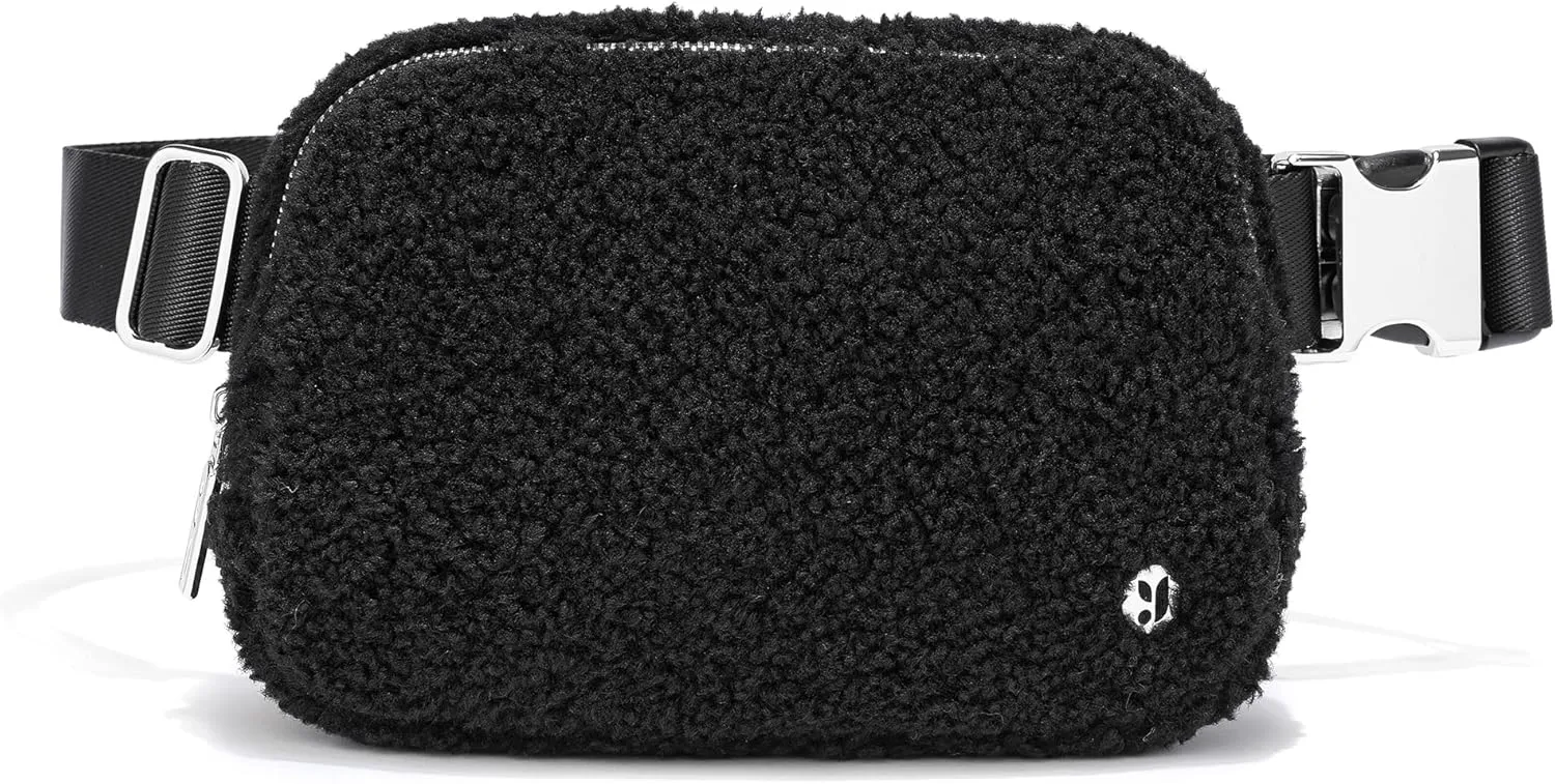 FODOKO Sherpa Belt Bag, Fleece Crossbody Bag Fanny Pack for Women Fashionable Everywhere Waist Bum Bag Pack with Hardware Buckle Black(Sliver)