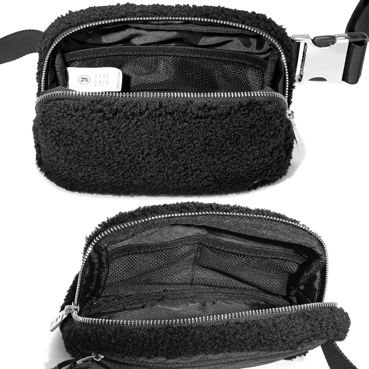 FODOKO Sherpa Belt Bag, Fleece Crossbody Bag Fanny Pack for Women Fashionable Everywhere Waist Bum Bag Pack with Hardware Buckle Black(Sliver)