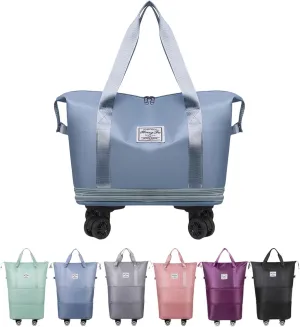 Foldable Tote Bag Expandable on Wheels, Beente Travel Bag with Removable Wheels, Dry And Wet Separation Waterproof Foldable Travel Bag Detachable Rolling (Light blue)