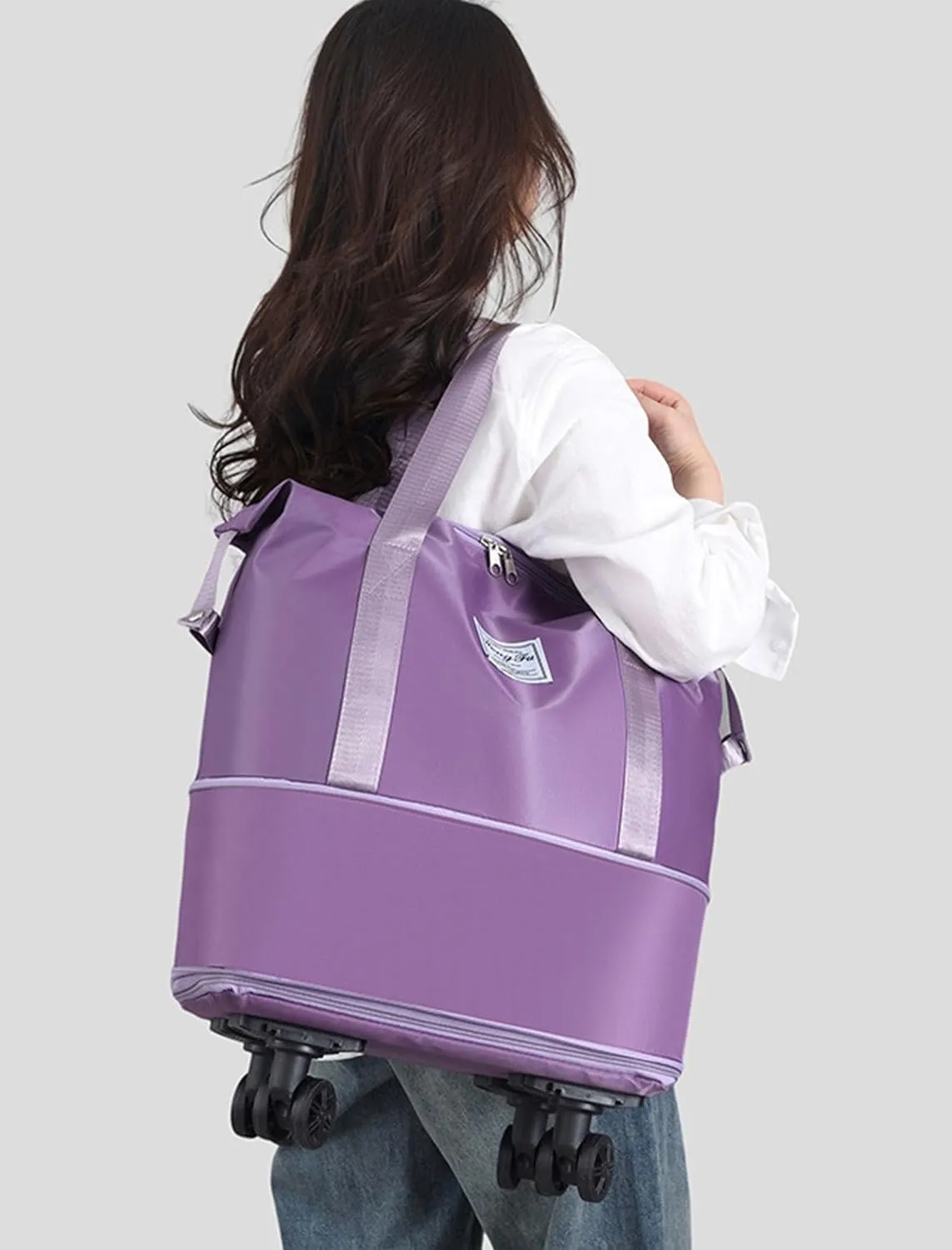 Foldable Tote Bag Expandable on Wheels, Beente Travel Bag with Removable Wheels, Dry And Wet Separation Waterproof Foldable Travel Bag Detachable Rolling (Light blue)