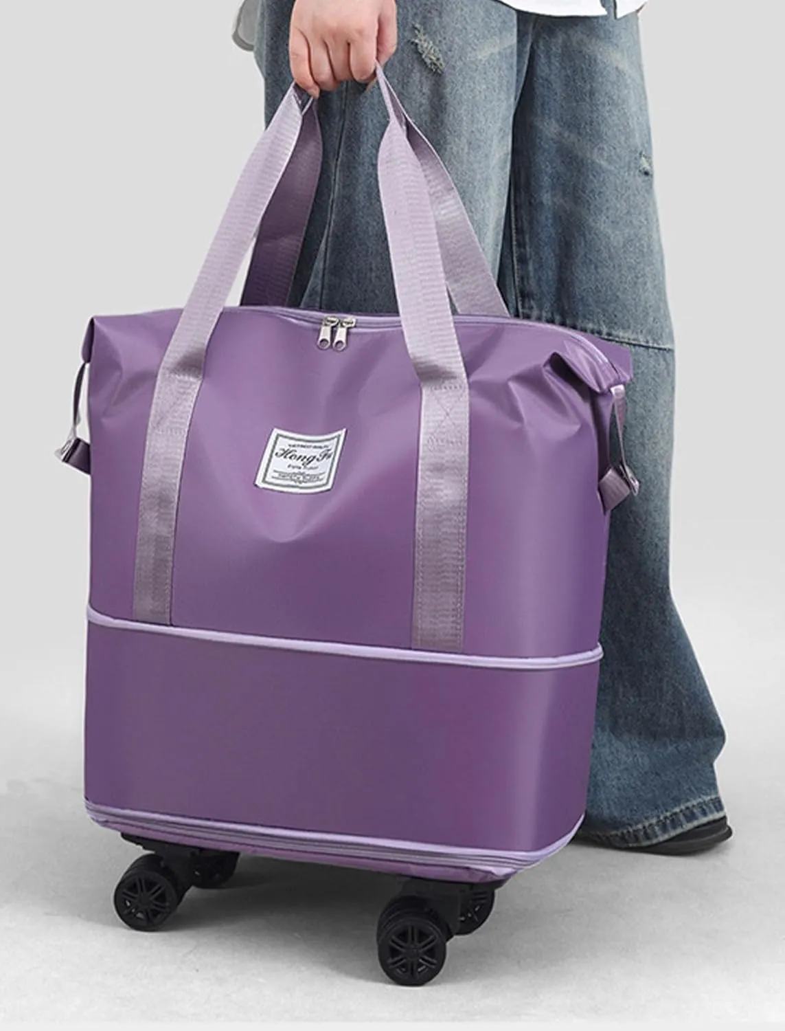 Foldable Tote Bag Expandable on Wheels, Beente Travel Bag with Removable Wheels, Dry And Wet Separation Waterproof Foldable Travel Bag Detachable Rolling (Light blue)
