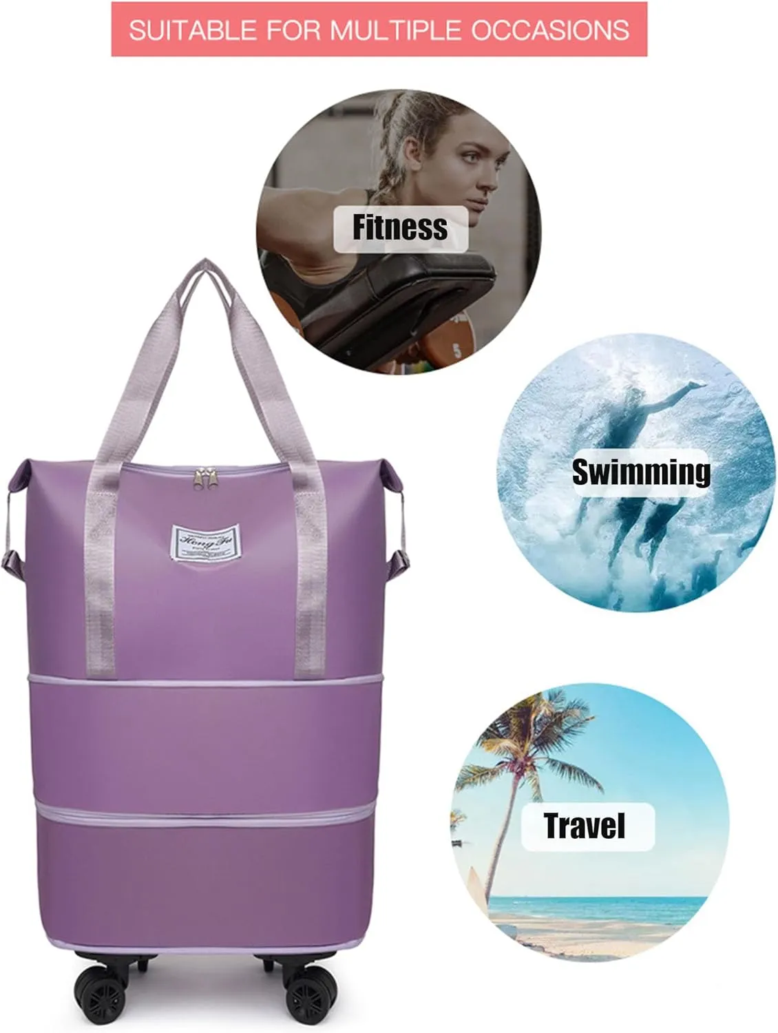 Foldable Tote Bag Expandable on Wheels, Beente Travel Bag with Removable Wheels, Dry And Wet Separation Waterproof Foldable Travel Bag Detachable Rolling (Light blue)