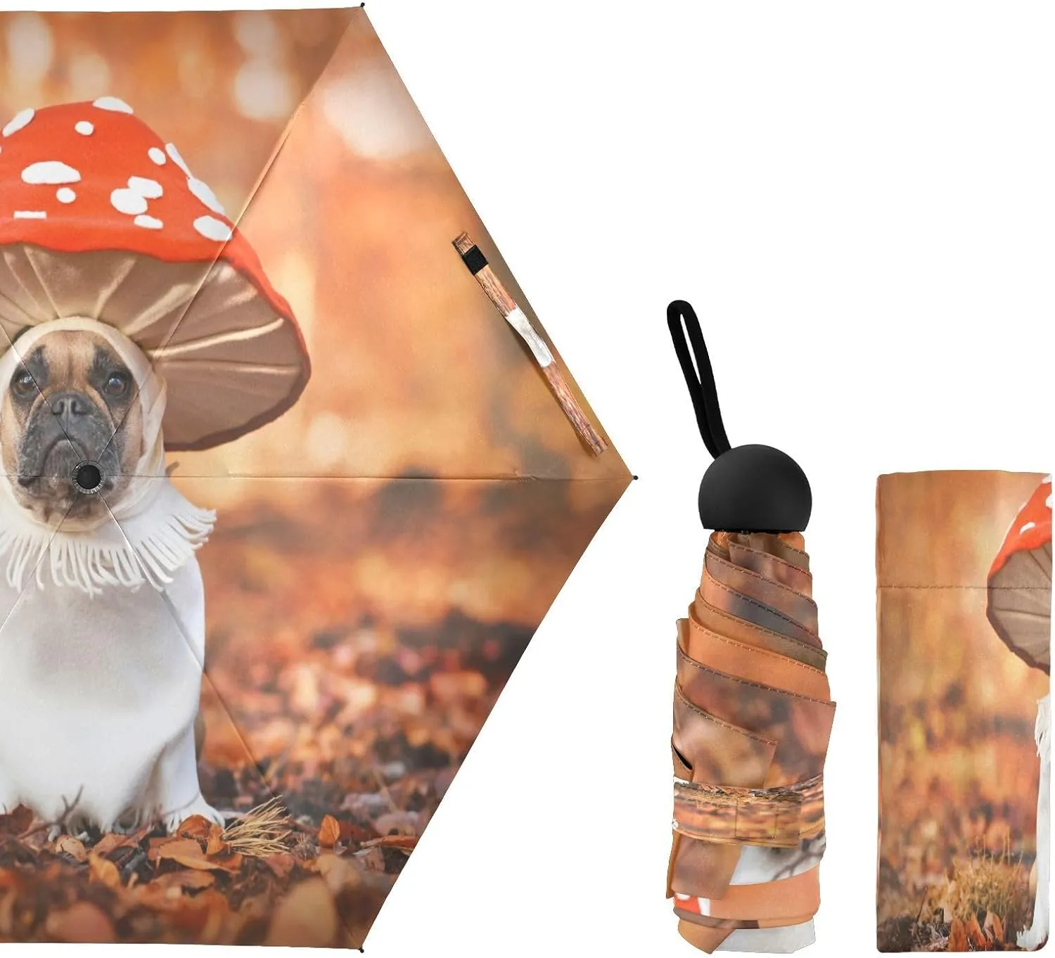 French Bulldog Dog Mushroom Umbrellas for Rain Autumn Forest Travel Umbrella Windproof Small Folding Umbrella Mini Compact Umbrella for Purse Lightweight Pocket for women