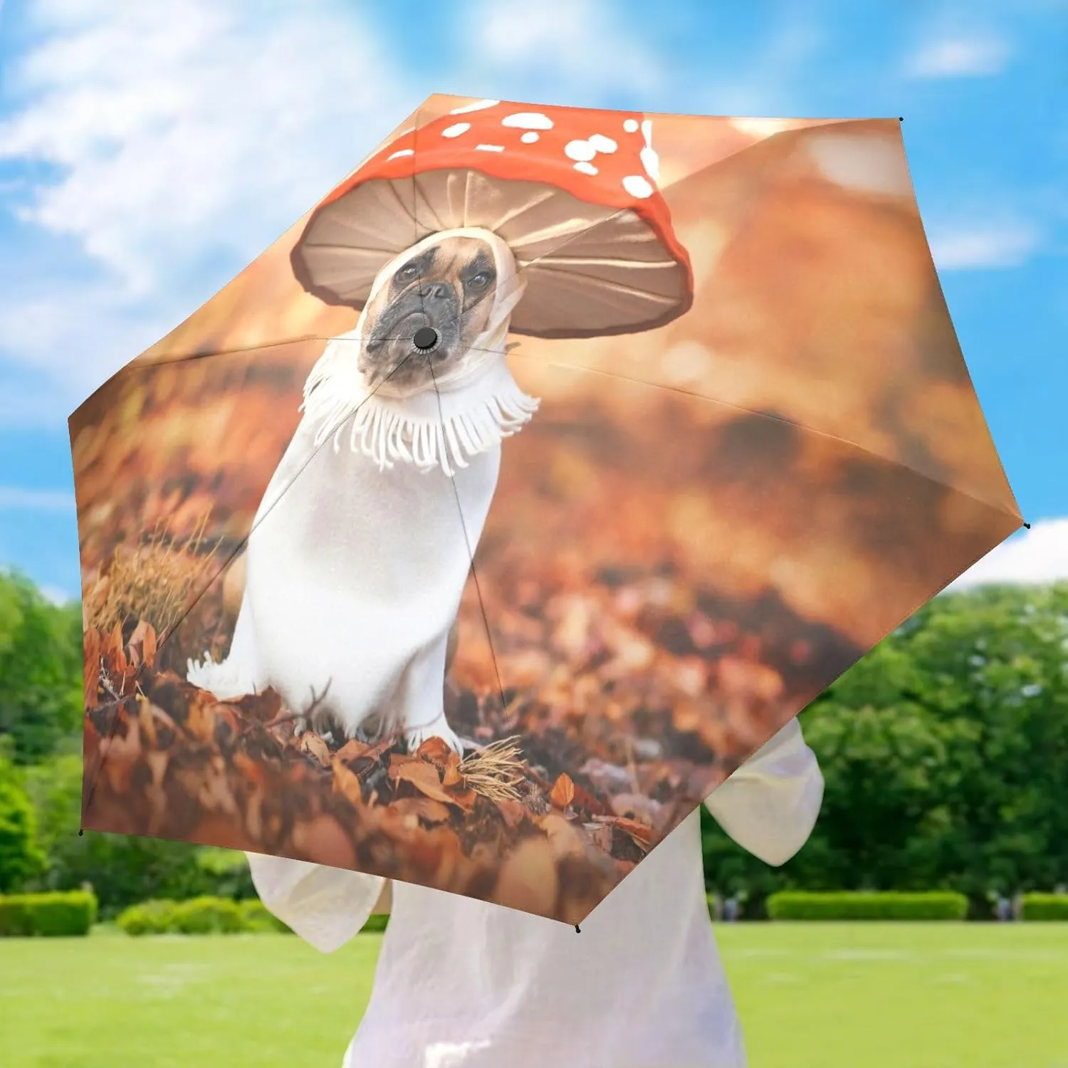 French Bulldog Dog Mushroom Umbrellas for Rain Autumn Forest Travel Umbrella Windproof Small Folding Umbrella Mini Compact Umbrella for Purse Lightweight Pocket for women