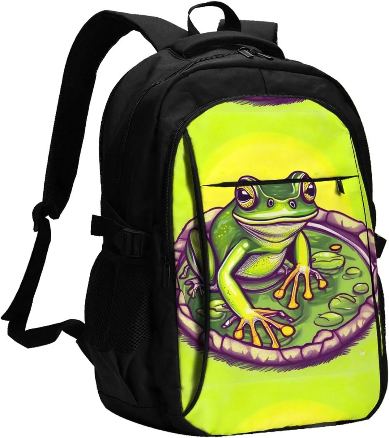 Frog in a pond USB Travel Laptop Backpack,Stylish, Functional, and Perfect for On-the-Go Life.