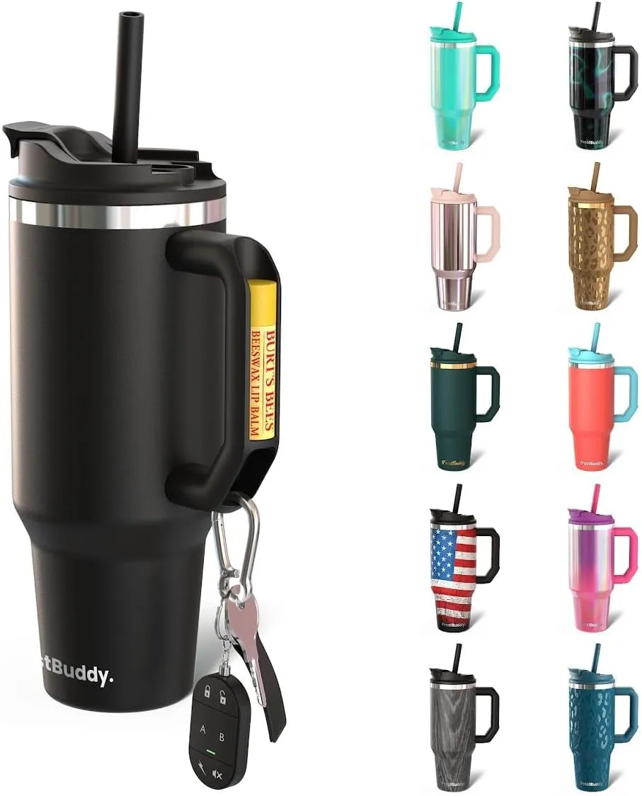 Frost Buddy Thicc Buddy - 40 oz Stainless Steel Vacuum Insulated Tumbler with Lid and Straw for Water - Travel Mug Cupholder Friendly - Gifts for Women Men Him Her (Black)