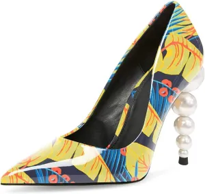 FSJ Slip On Pearl Beaded High Heel Slip On Pump Pointed Toe Mirror Effect Classic Party Club Shoe for Women 4-15 US