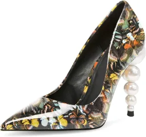 FSJ Slip On Pearl Beaded High Heel Slip On Pump Pointed Toe Mirror Effect Classic Party Club Shoe for Women 4-15 US