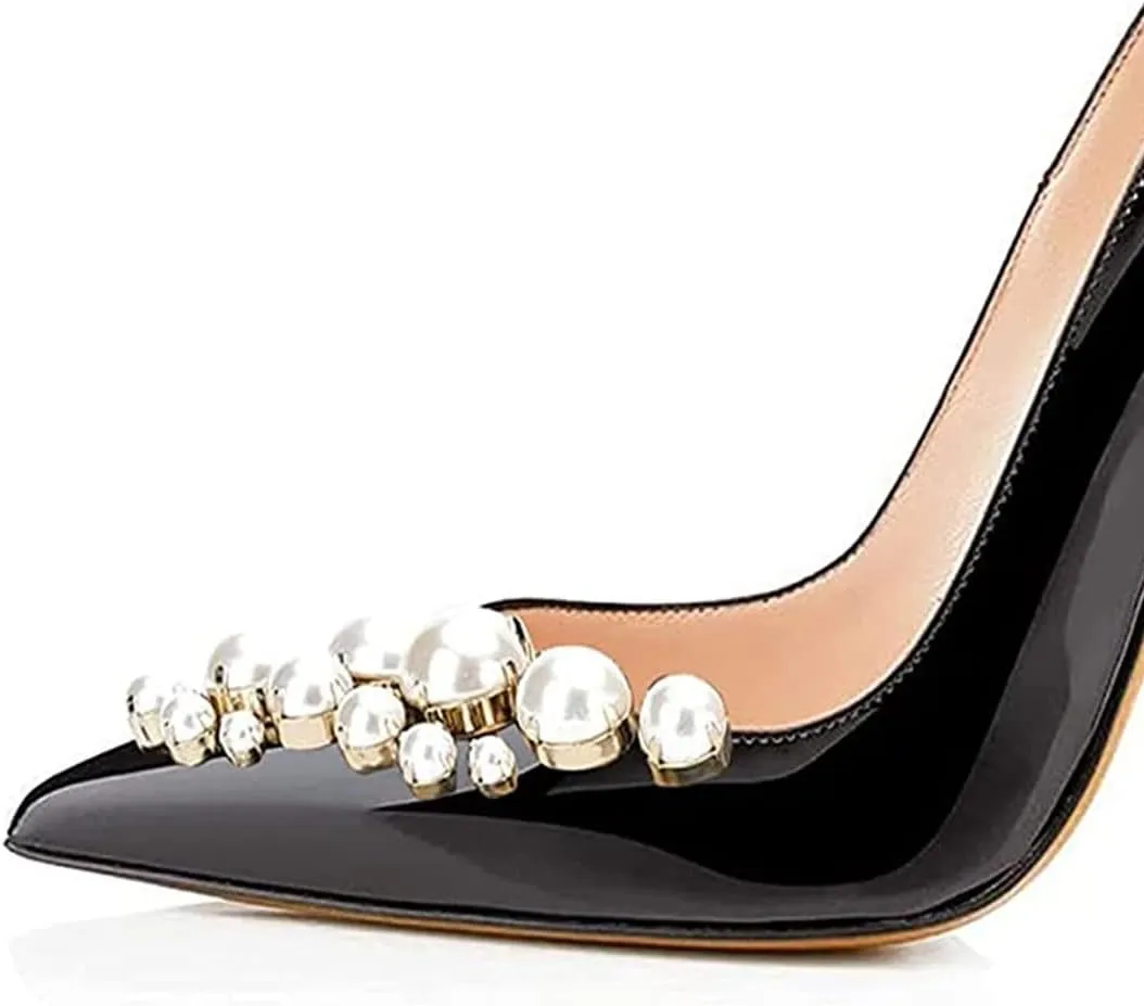 FSJ Slip On Pearls Beaded High Heels Slip On Pump Pointed Toe Mirror Effect Shiny Party Dress Club Shoes for Women Pearl 4-15 US