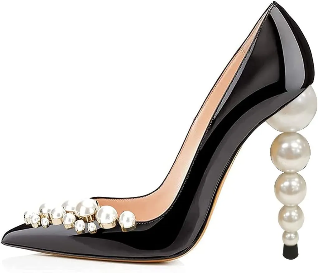 FSJ Slip On Pearls Beaded High Heels Slip On Pump Pointed Toe Mirror Effect Shiny Party Dress Club Shoes for Women Pearl 4-15 US