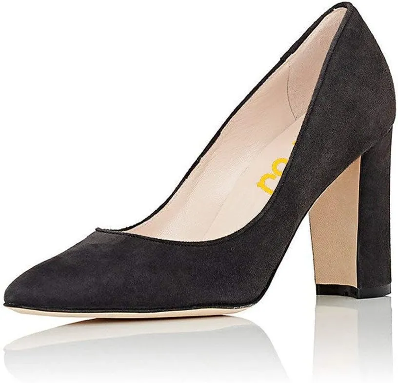 FSJ Women Classic Chunky High Heel Closed Round Almond Toe Slip On Formal Office Pumps Size 4-15 US