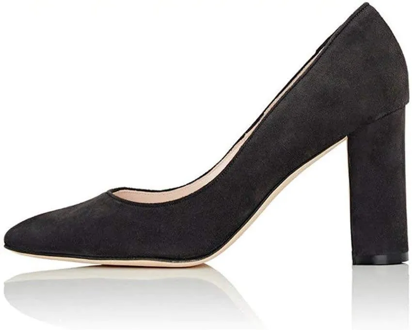 FSJ Women Classic Chunky High Heel Closed Round Almond Toe Slip On Formal Office Pumps Size 4-15 US