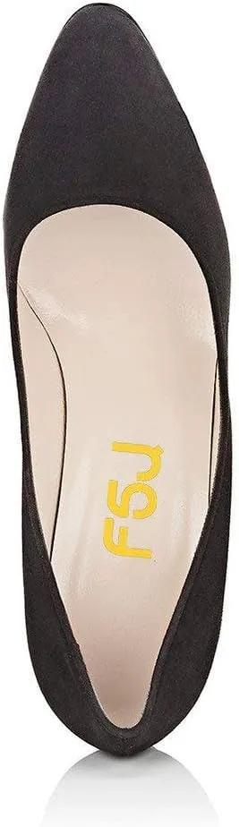 FSJ Women Classic Chunky High Heel Closed Round Almond Toe Slip On Formal Office Pumps Size 4-15 US
