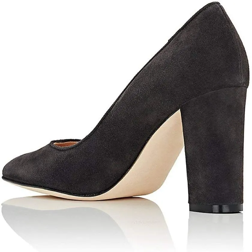 FSJ Women Classic Chunky High Heel Closed Round Almond Toe Slip On Formal Office Pumps Size 4-15 US