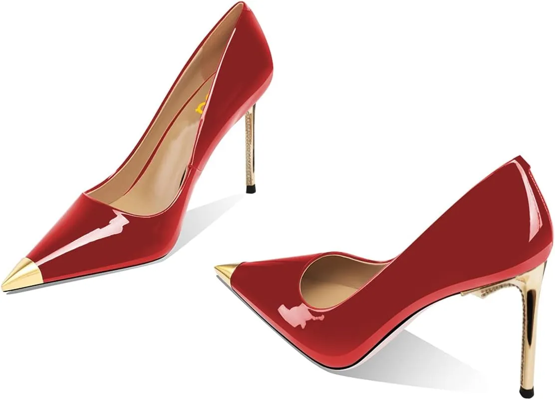 FSJ Women Metal Cap Pointed Toe High Heel Pumps Sexy Gold Stiletto Elegant Slip On Office Lady Wedding Party Dress Shoes Size 4-15 US