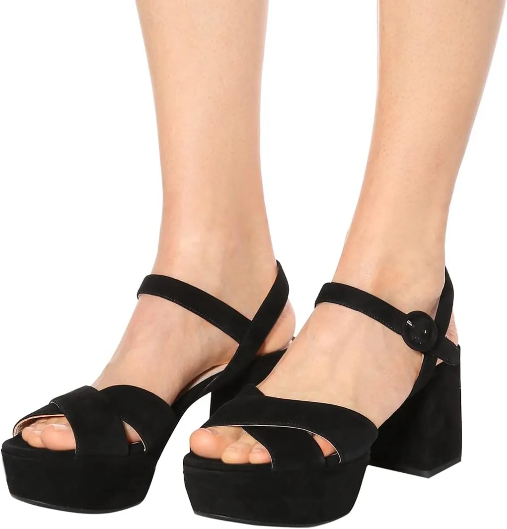 FSJ Women Peep Toe Chunky High Heels Platform Sandals Ankle Strap Velvet & Suede Summer Dress Wedding Prom Shoes Size 4-15 US