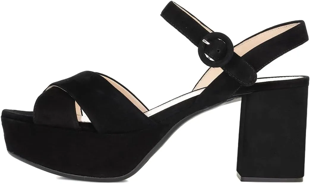 FSJ Women Peep Toe Chunky High Heels Platform Sandals Ankle Strap Velvet & Suede Summer Dress Wedding Prom Shoes Size 4-15 US