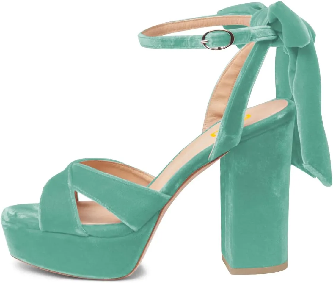 FSJ Women Platform Chunky High Heel Sandals Velvet Peep Toe Bowtie Ankle Strap with Buckle Party Evening Dress Pumps Shoes Size 4-15 US