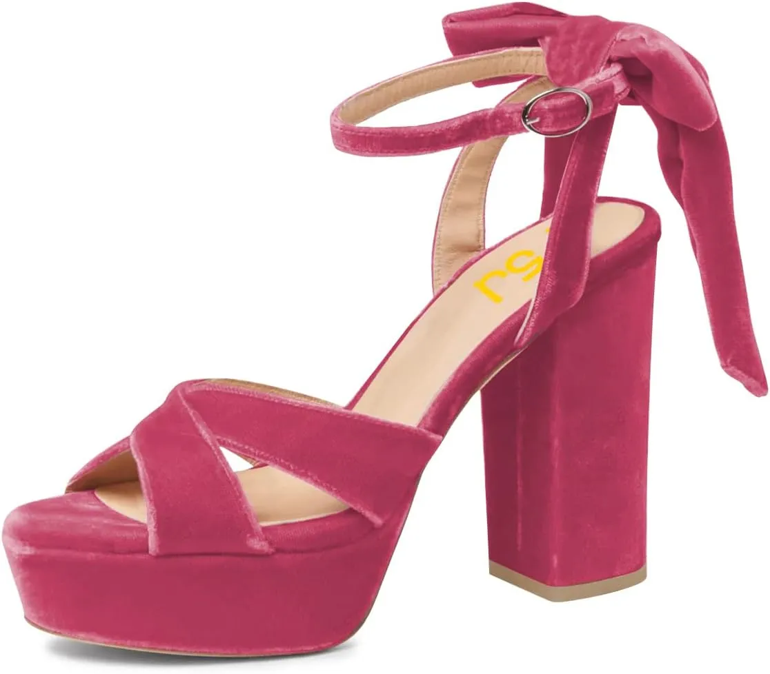 FSJ Women Platform Chunky High Heel Sandals Velvet Peep Toe Bowtie Ankle Strap with Buckle Party Evening Dress Pumps Shoes Size 4-15 US