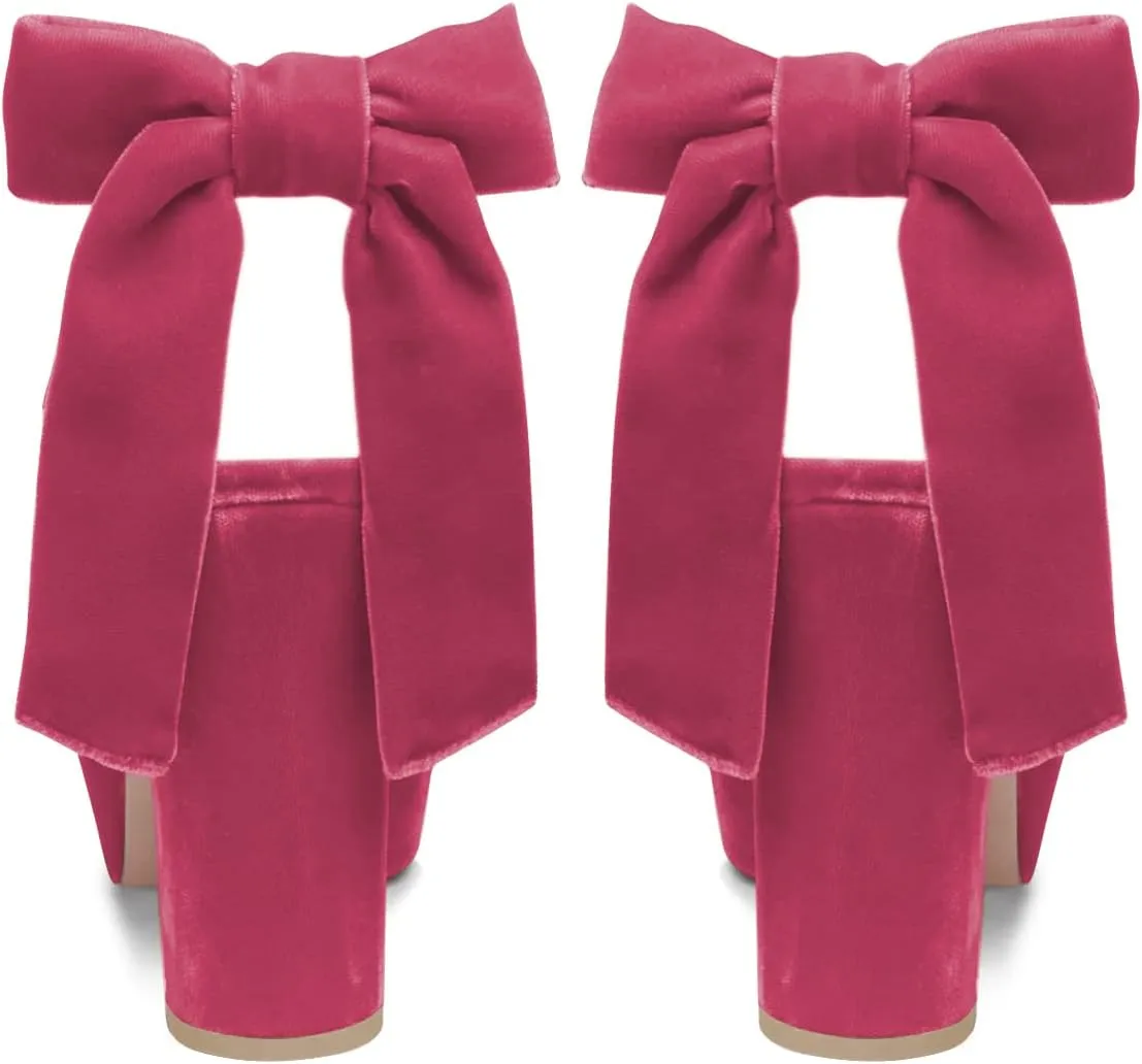 FSJ Women Platform Chunky High Heel Sandals Velvet Peep Toe Bowtie Ankle Strap with Buckle Party Evening Dress Pumps Shoes Size 4-15 US