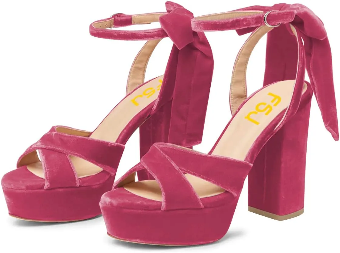 FSJ Women Platform Chunky High Heel Sandals Velvet Peep Toe Bowtie Ankle Strap with Buckle Party Evening Dress Pumps Shoes Size 4-15 US