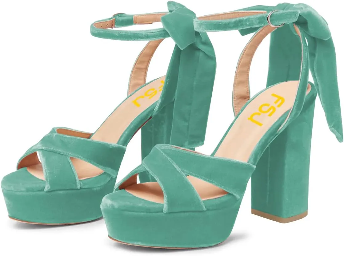 FSJ Women Platform Chunky High Heel Sandals Velvet Peep Toe Bowtie Ankle Strap with Buckle Party Evening Dress Pumps Shoes Size 4-15 US