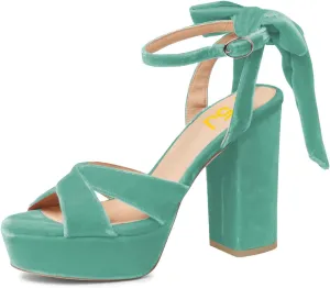FSJ Women Platform Chunky High Heel Sandals Velvet Peep Toe Bowtie Ankle Strap with Buckle Party Evening Dress Pumps Shoes Size 4-15 US